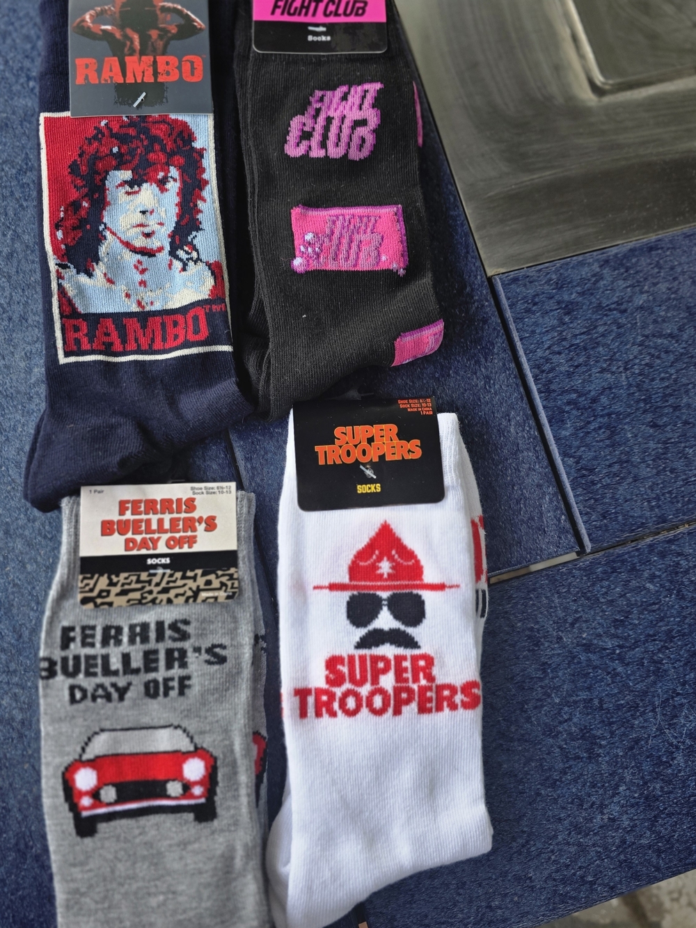 Rambo Fight Club Ferris Bueller Super Troopers Unisex Sock Bundle NWT Movie